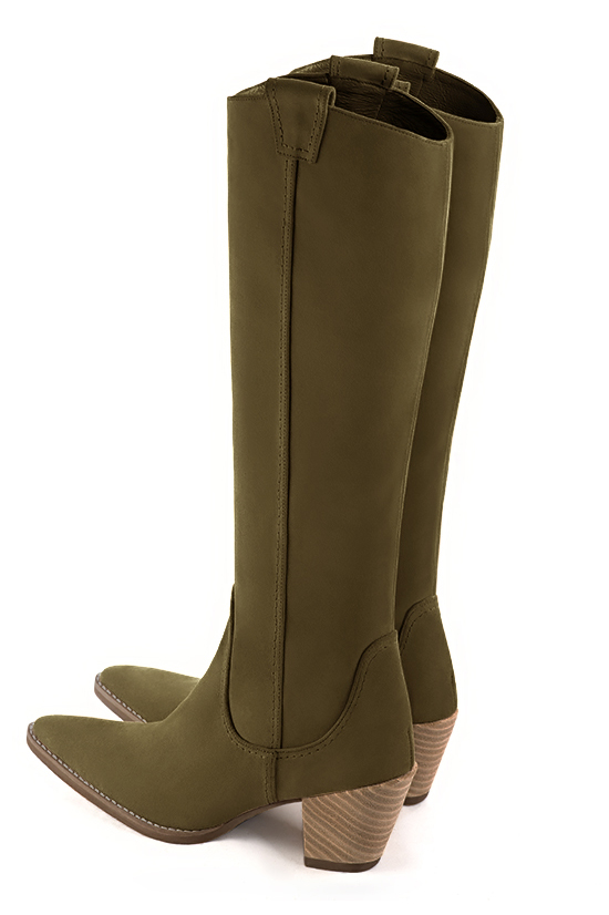 French elegance and refinement for these khaki green cowboy boots, 
                available in many subtle leather and colour combinations. Pretty boot adjustable to your measurements in height and width
Customizable or not, in your materials and colors.
Its side zip and her round cutout will leave you very comfortable.
Perfect on jeans, shorts or bohemian chic dress. 
                Made to measure. Especially suited to thin or thick calves.
                Matching clutches for parties, ceremonies and weddings.   
                You can customize these knee-high boots to perfectly match your tastes or needs, and have a unique model.  
                Choice of leathers, colours, knots and heels. 
                Wide range of materials and shades carefully chosen.  
                Rich collection of flat, low, mid and high heels.  
                Small and large shoe sizes - Florence KOOIJMAN